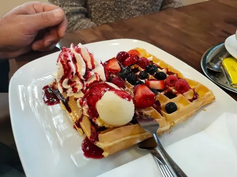 Waffel mit Vanilleeis, Sahne, Beerensoße und frischen Beeren